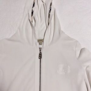 Burberry White Hooded Zip Sweatshirt with Check Trim